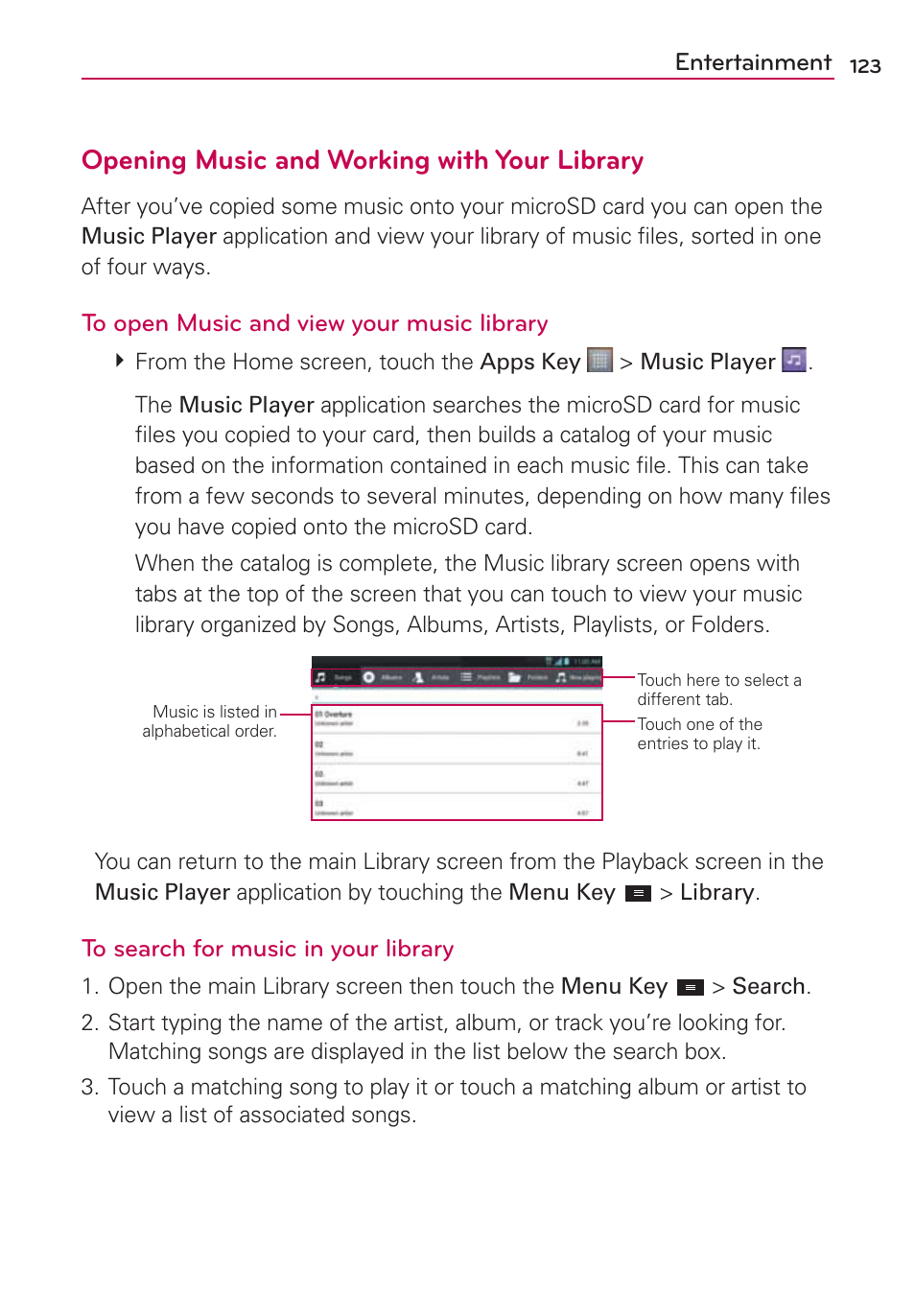 Opening music and working with your library | LG MS770 User Manual | Page 125 / 190