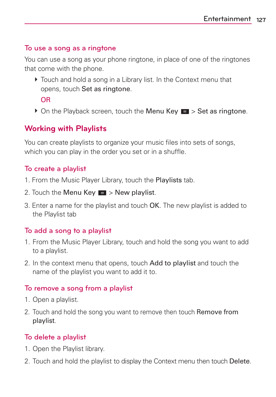 Working with playlists | LG MS770 User Manual | Page 129 / 190
