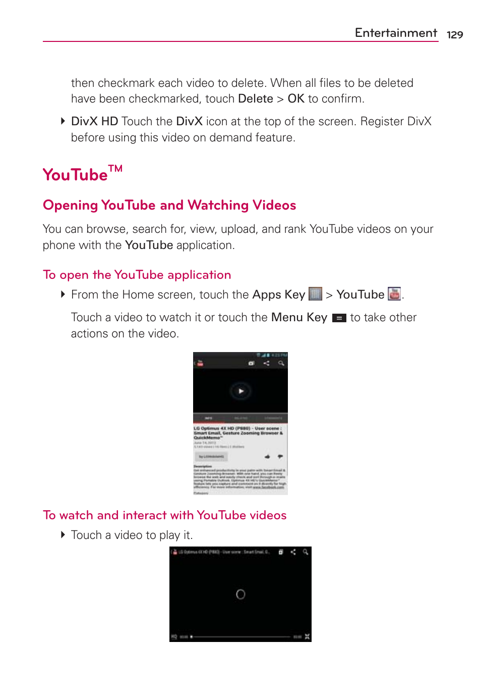 Youtube, Opening youtube and watching videos | LG MS770 User Manual | Page 131 / 190