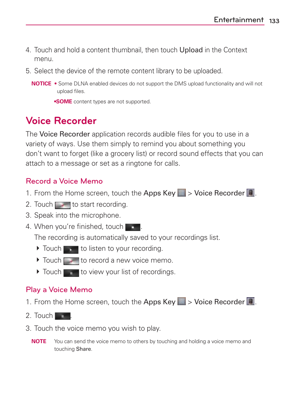 Voice recorder, Entertainment | LG MS770 User Manual | Page 135 / 190