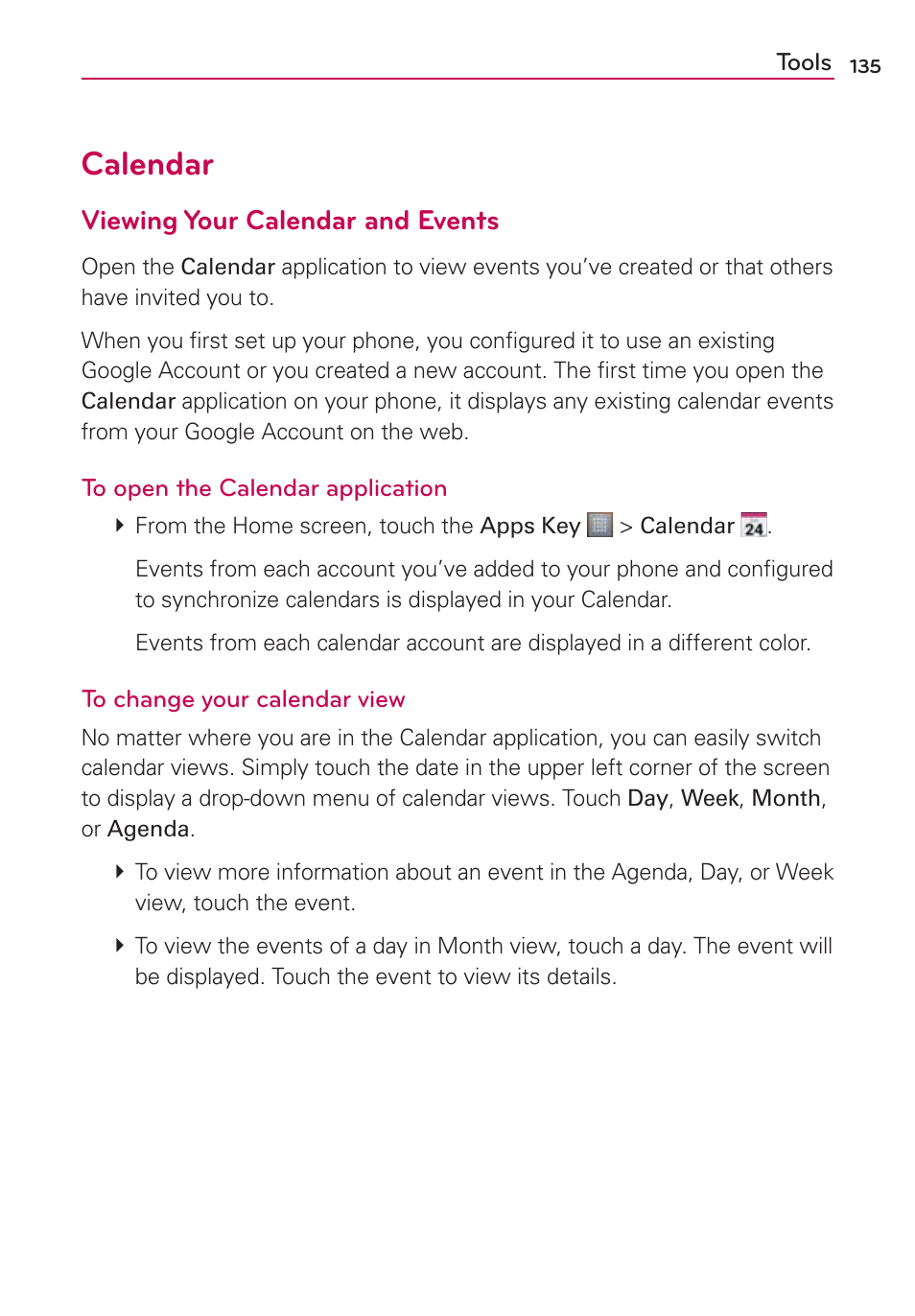 Tools, Calendar, Viewing your calendar and events | LG MS770 User Manual | Page 137 / 190