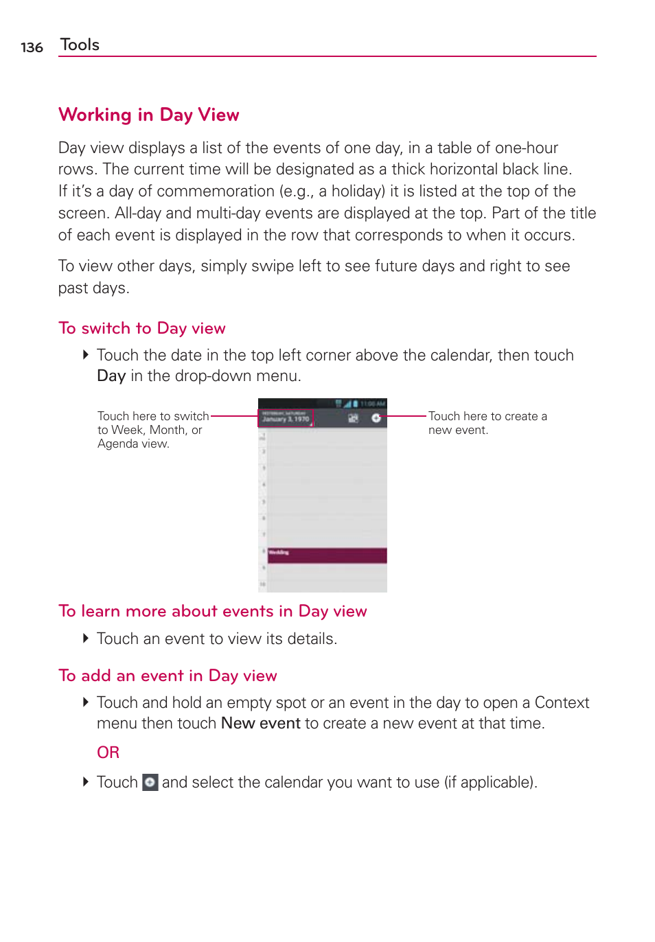 Working in day view | LG MS770 User Manual | Page 138 / 190