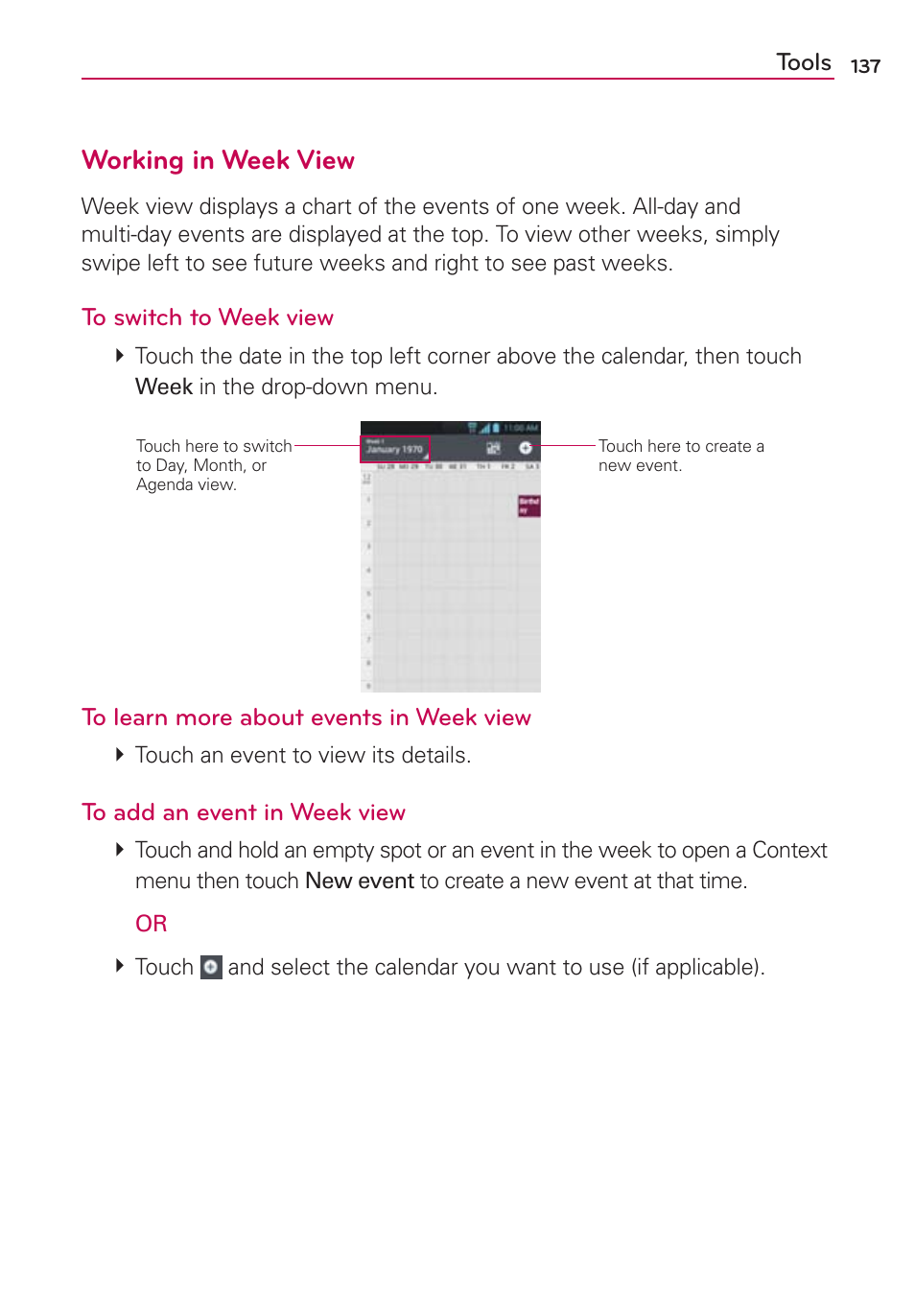 Working in week view | LG MS770 User Manual | Page 139 / 190
