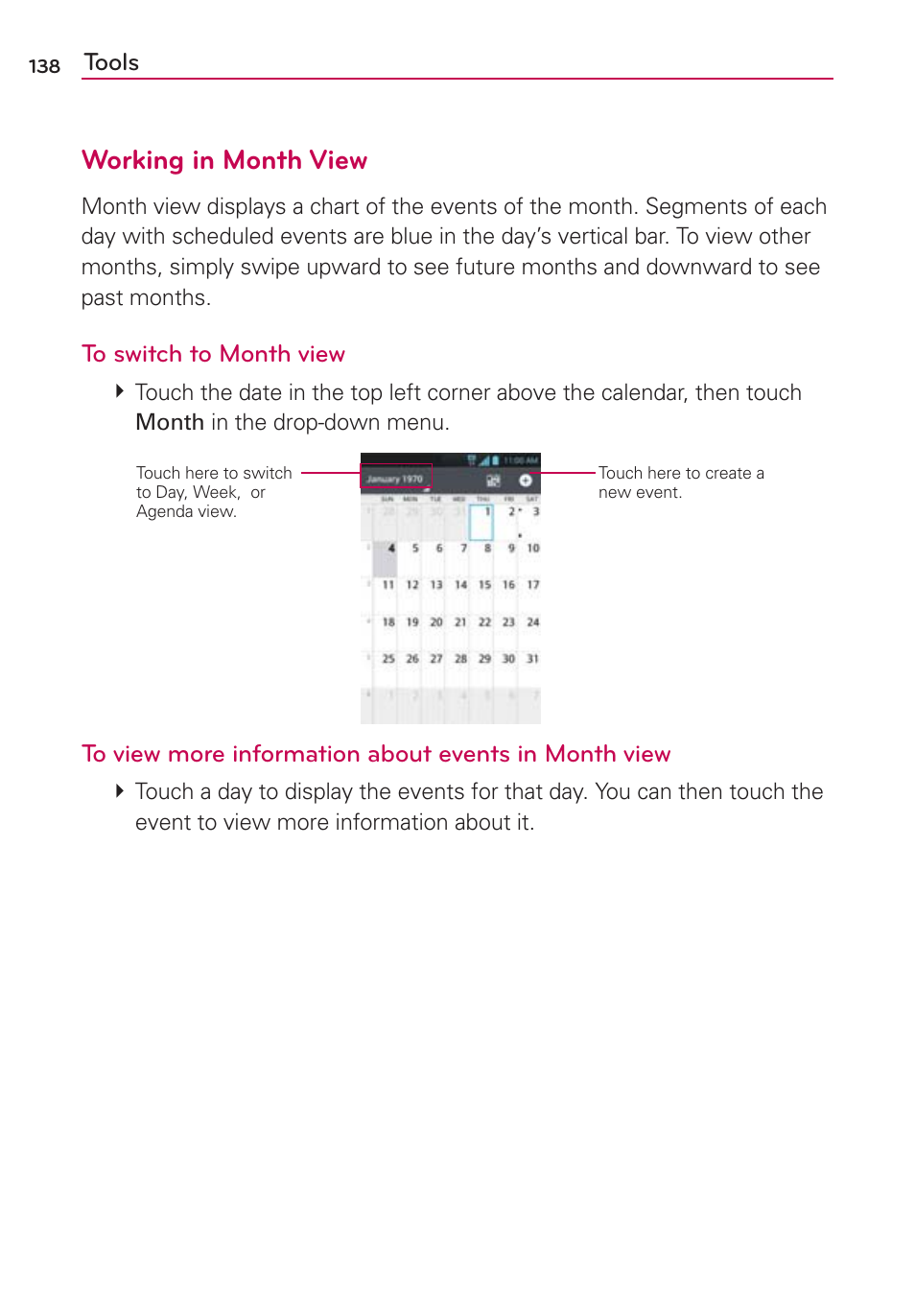 Working in month view | LG MS770 User Manual | Page 140 / 190