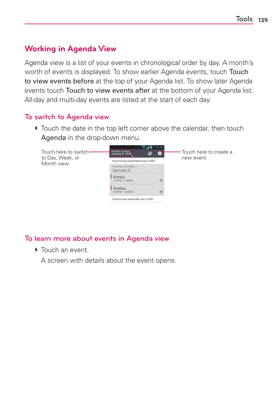 Working in agenda view | LG MS770 User Manual | Page 141 / 190