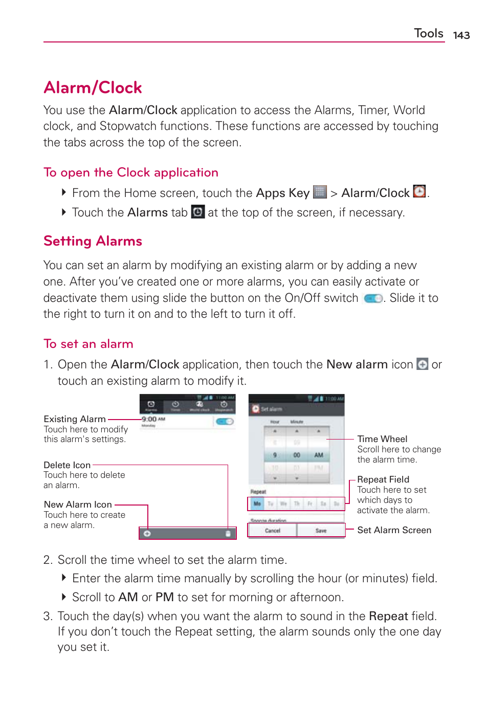 Alarm/clock, Setting alarms | LG MS770 User Manual | Page 145 / 190