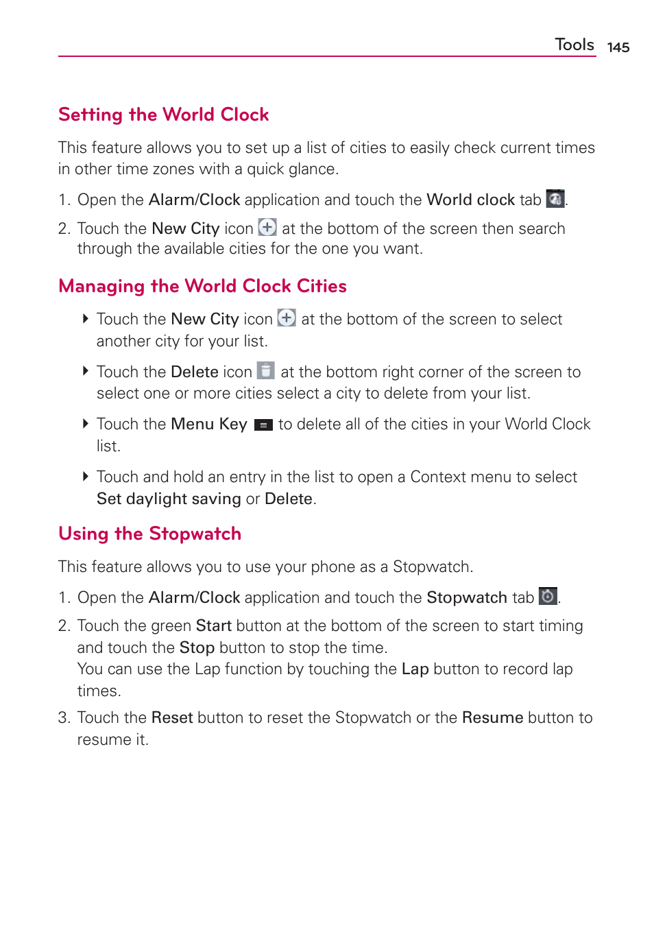 Setting the world clock, Managing the world clock cities, Using the stopwatch | LG MS770 User Manual | Page 147 / 190