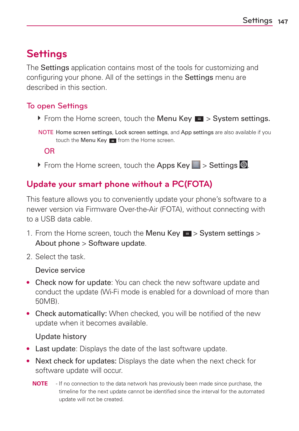 Settings, Update your smart phone without a pc(fota) | LG MS770 User Manual | Page 149 / 190