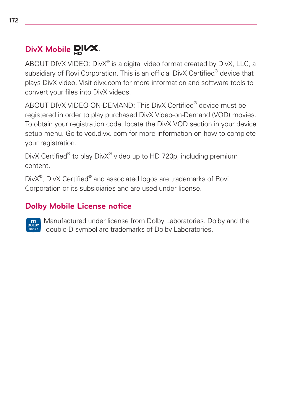 Divx mobile, Dolby mobile license notice | LG MS770 User Manual | Page 174 / 190