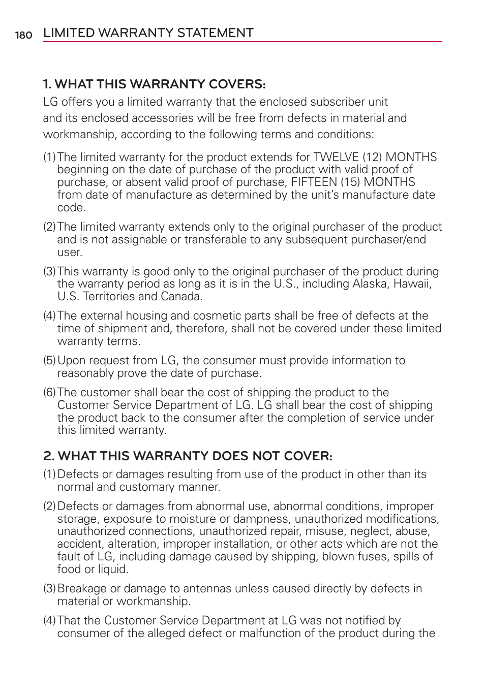 Limited warranty statement | LG MS770 User Manual | Page 182 / 190