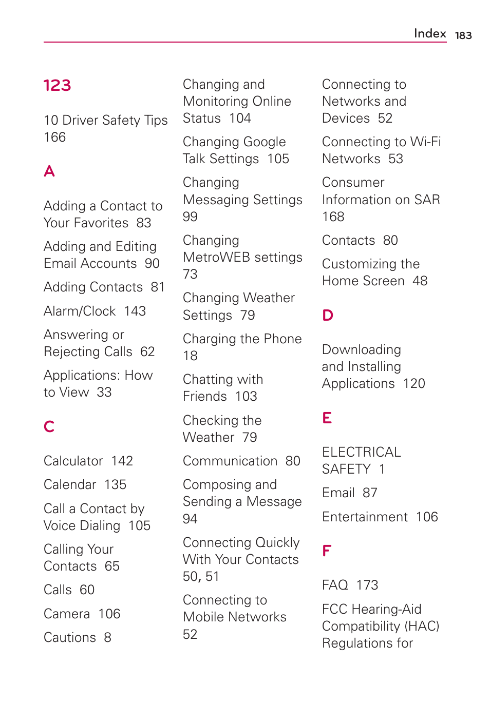 Index | LG MS770 User Manual | Page 185 / 190