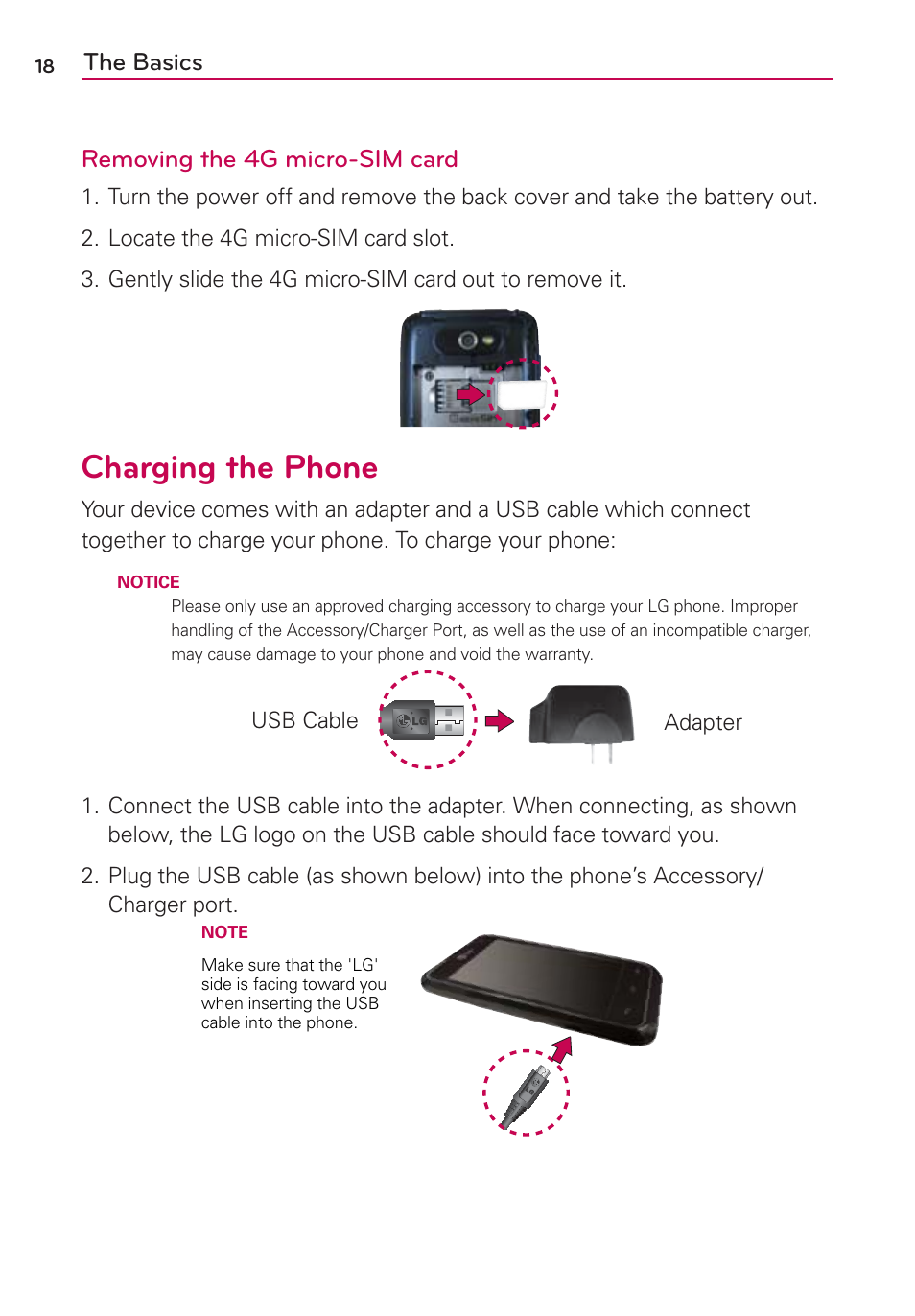 Charging the phone, The basics removing the 4g micro-sim card | LG MS770 User Manual | Page 20 / 190
