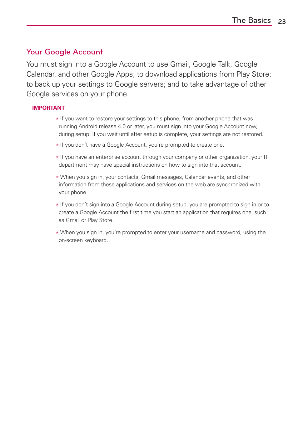 The basics your google account | LG MS770 User Manual | Page 25 / 190