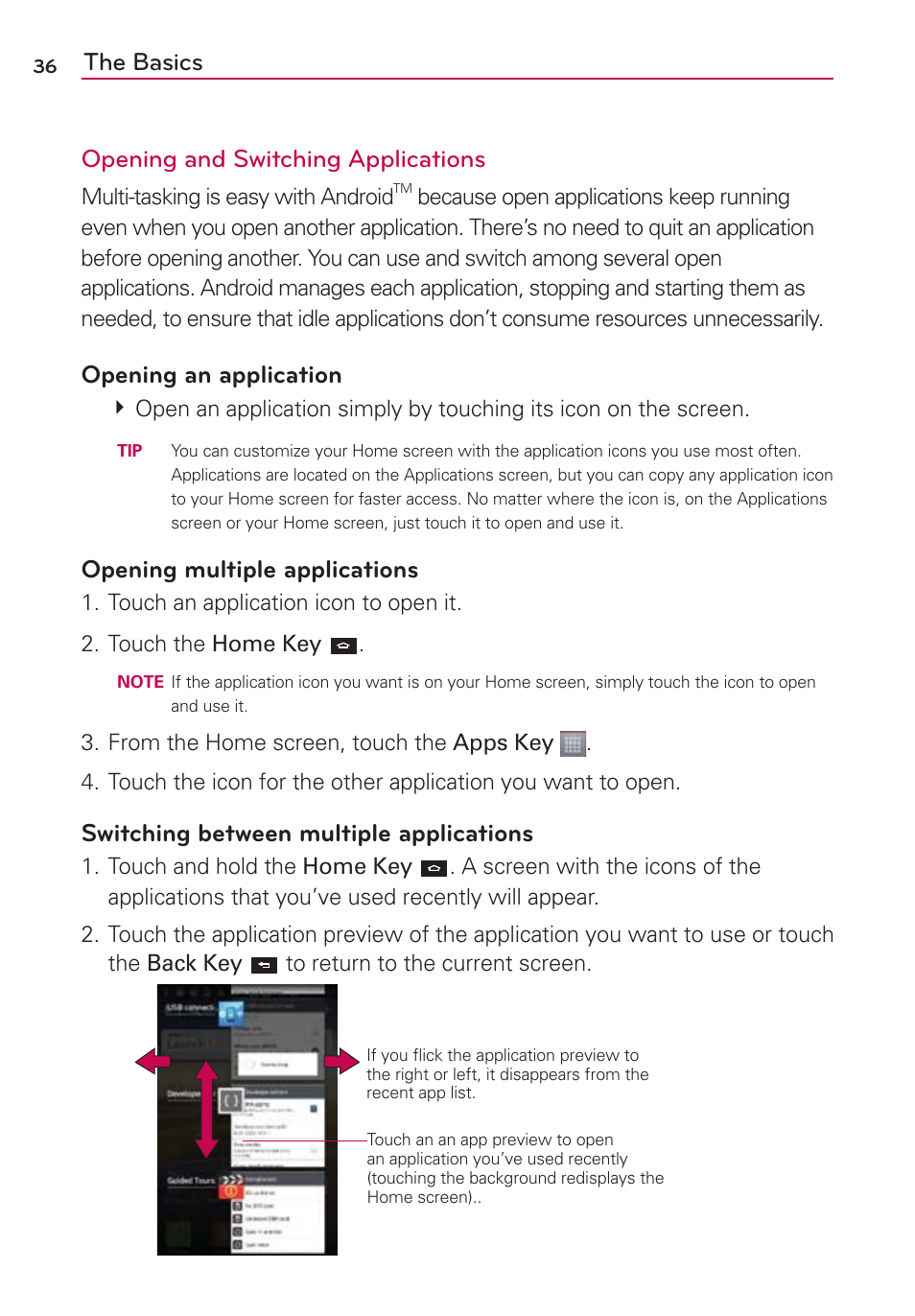 The basics opening and switching applications, Opening an application, Opening multiple applications | Switching between multiple applications | LG MS770 User Manual | Page 38 / 190