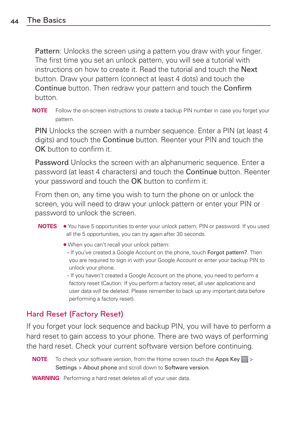 The basics, Hard reset (factory reset) | LG MS770 User Manual | Page 46 / 190