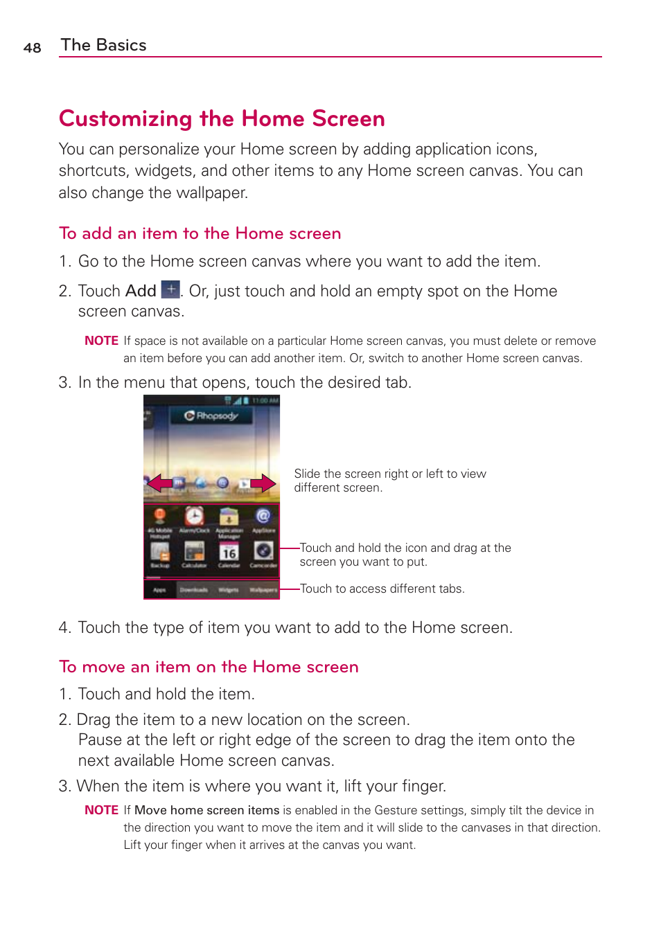 Customizing the home screen, The basics | LG MS770 User Manual | Page 50 / 190