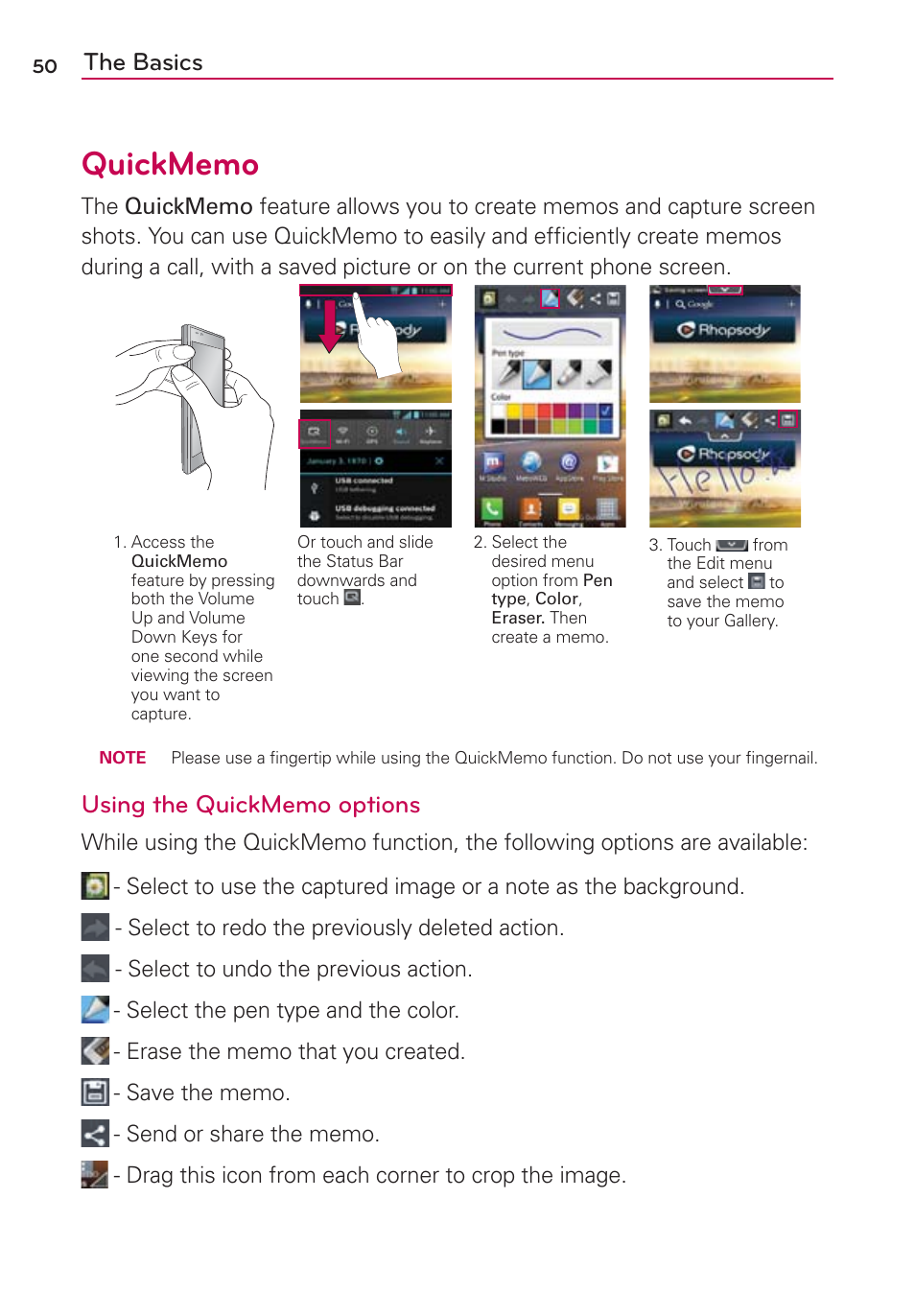 Quickmemo, The basics | LG MS770 User Manual | Page 52 / 190