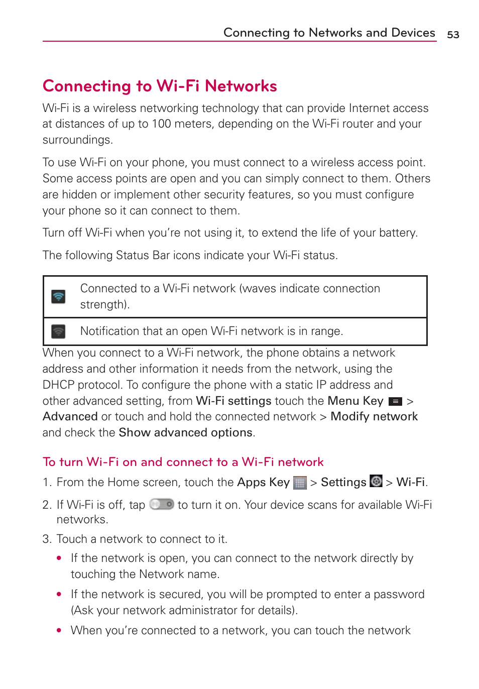 Connecting to wi-fi networks, Connecting to networks and devices | LG MS770 User Manual | Page 55 / 190