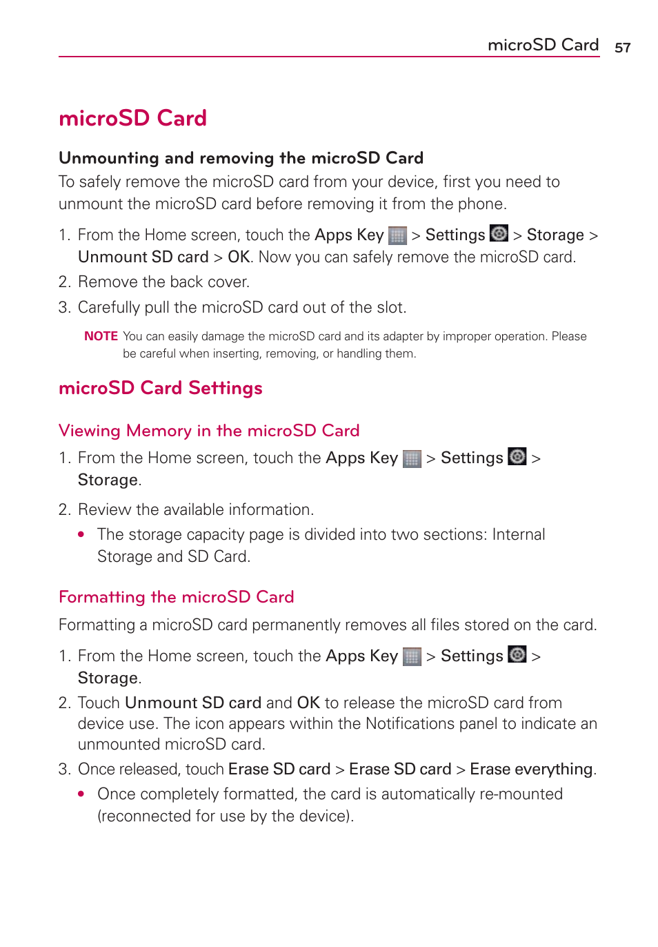 Microsd card, Microsd card settings | LG MS770 User Manual | Page 59 / 190
