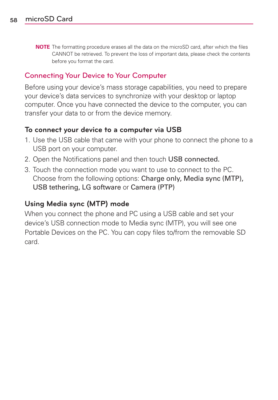 Microsd card, Connecting your device to your computer, Using media sync (mtp) mode | LG MS770 User Manual | Page 60 / 190