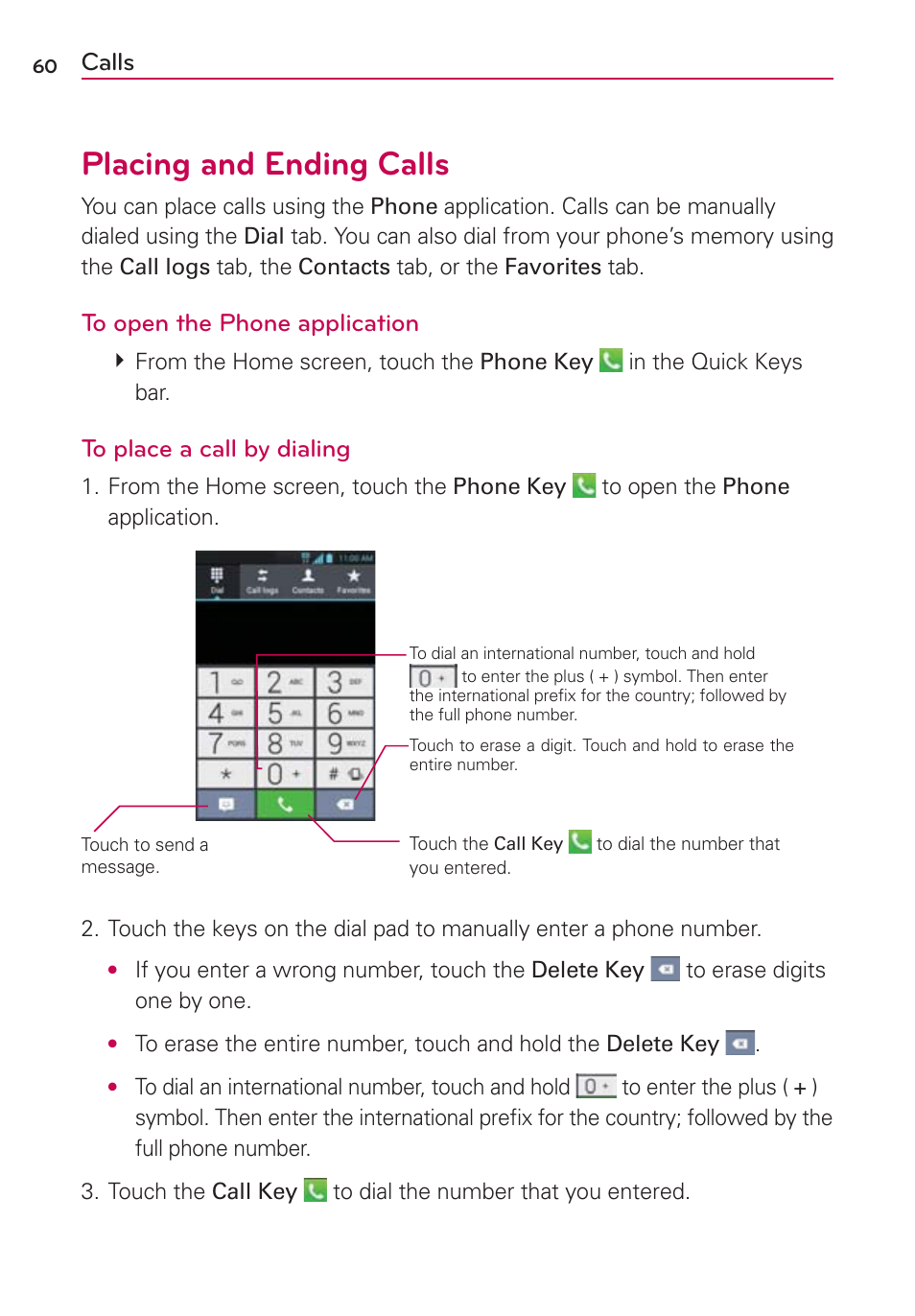 Calls, Placing and ending calls | LG MS770 User Manual | Page 62 / 190