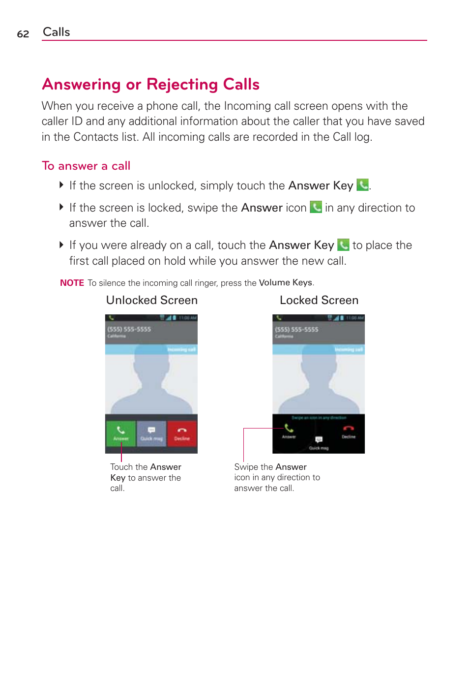 Answering or rejecting calls | LG MS770 User Manual | Page 64 / 190