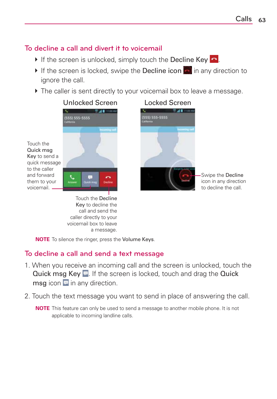 Calls to decline a call and divert it to voicemail | LG MS770 User Manual | Page 65 / 190