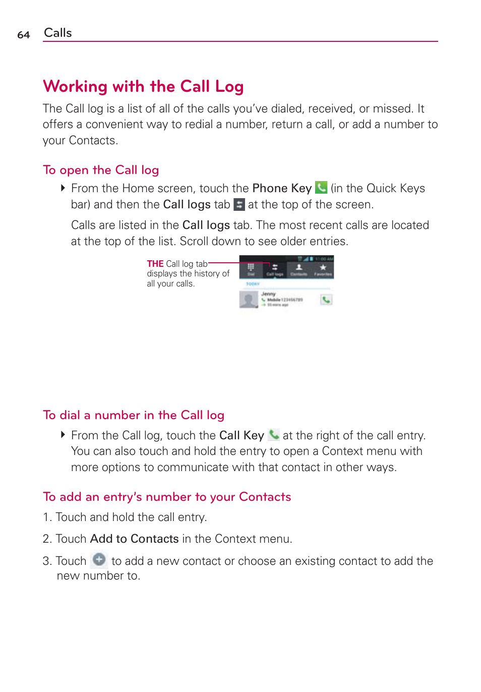 Working with the call log | LG MS770 User Manual | Page 66 / 190