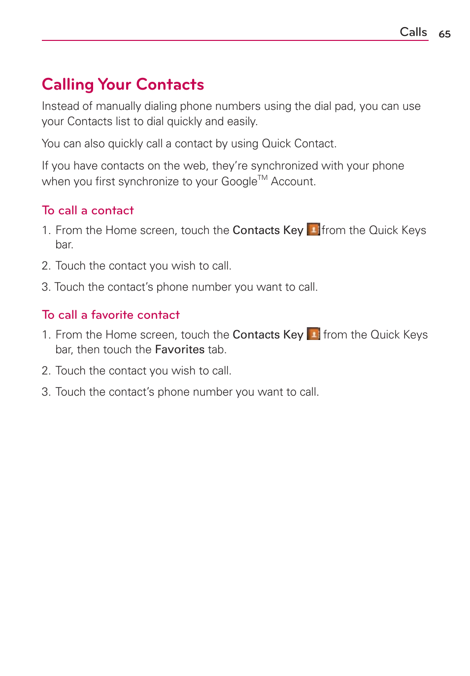 Calling your contacts | LG MS770 User Manual | Page 67 / 190