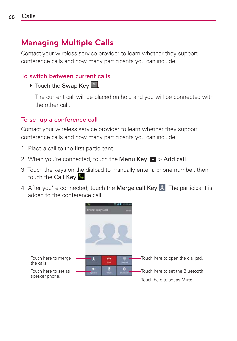 Managing multiple calls | LG MS770 User Manual | Page 70 / 190