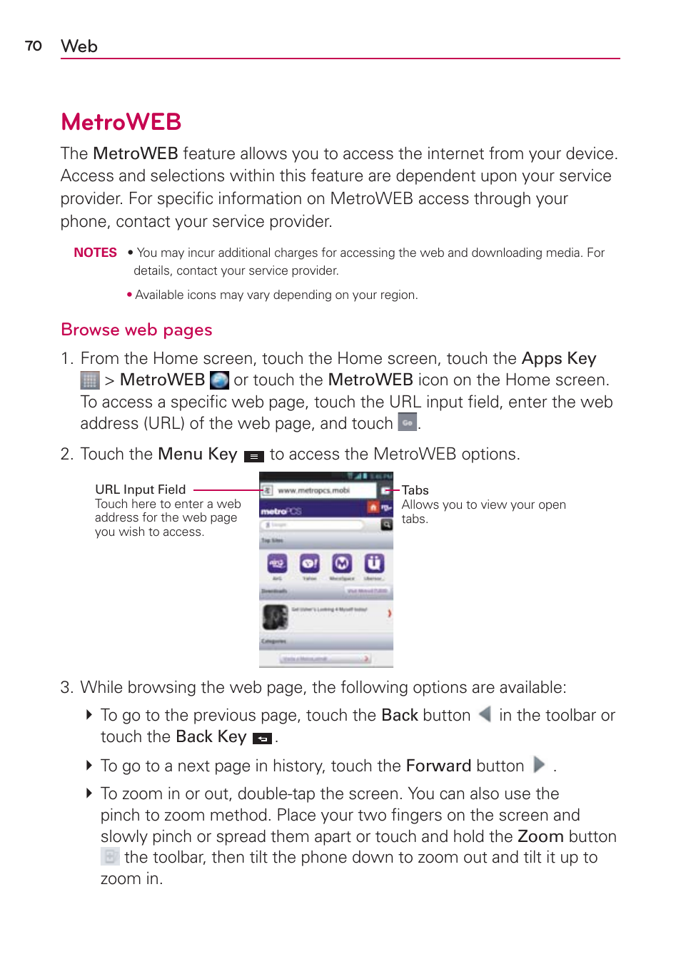 Metroweb, Browse web pages | LG MS770 User Manual | Page 72 / 190