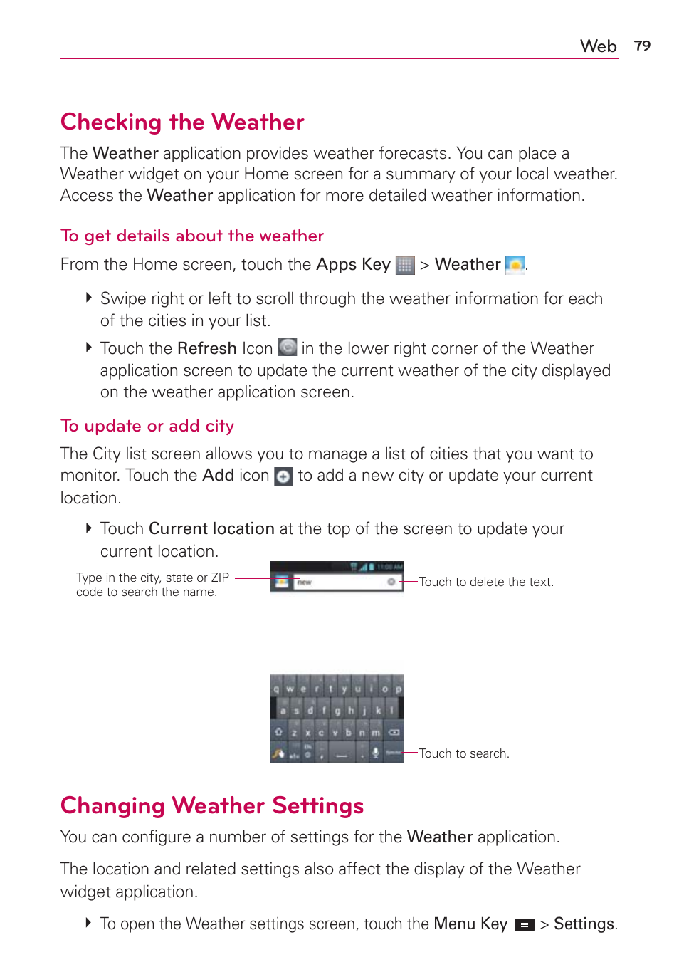 Checking the weather, Changing weather settings | LG MS770 User Manual | Page 81 / 190