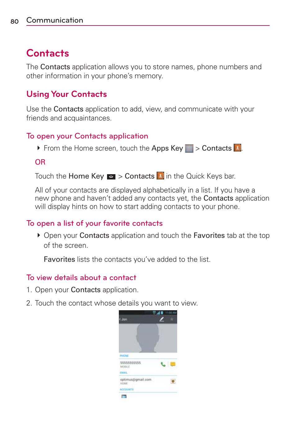 Communication, Contacts, Using your contacts | LG MS770 User Manual | Page 82 / 190