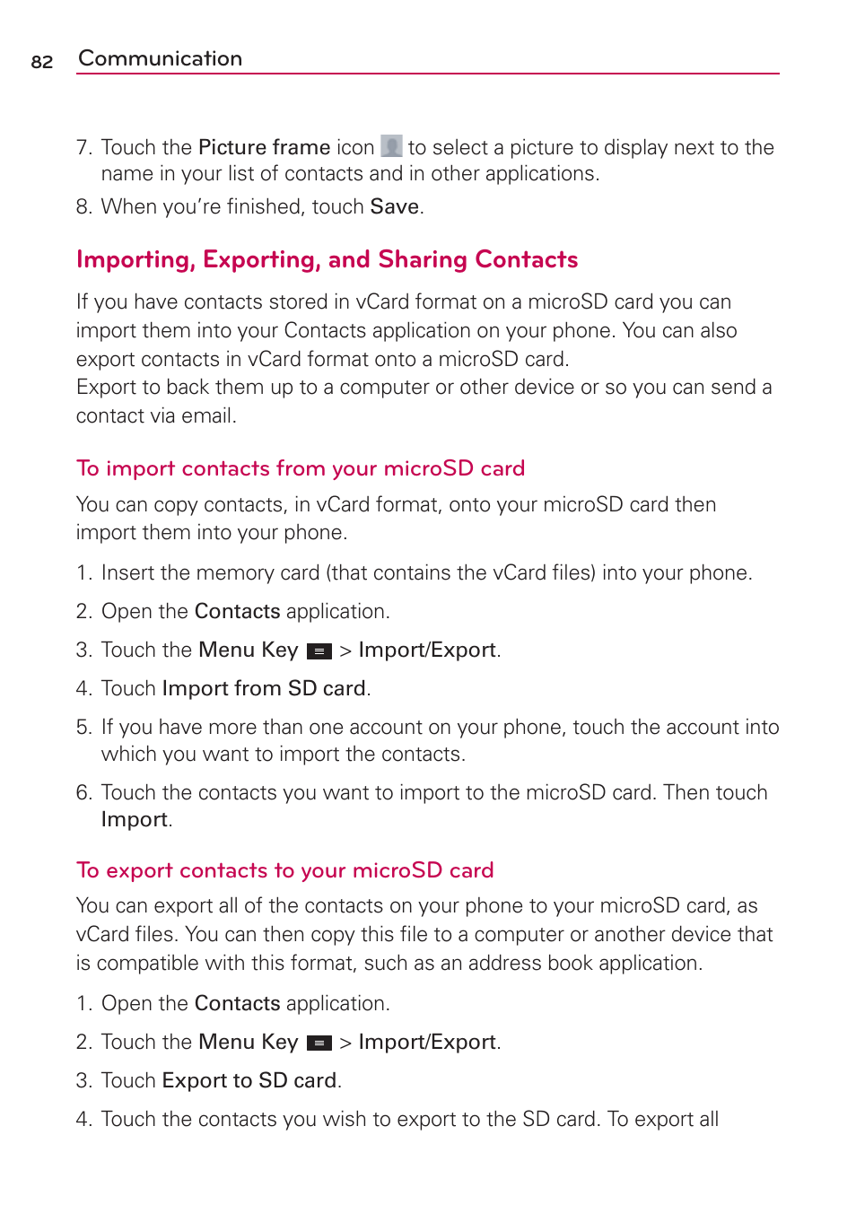 Importing, exporting, and sharing contacts | LG MS770 User Manual | Page 84 / 190