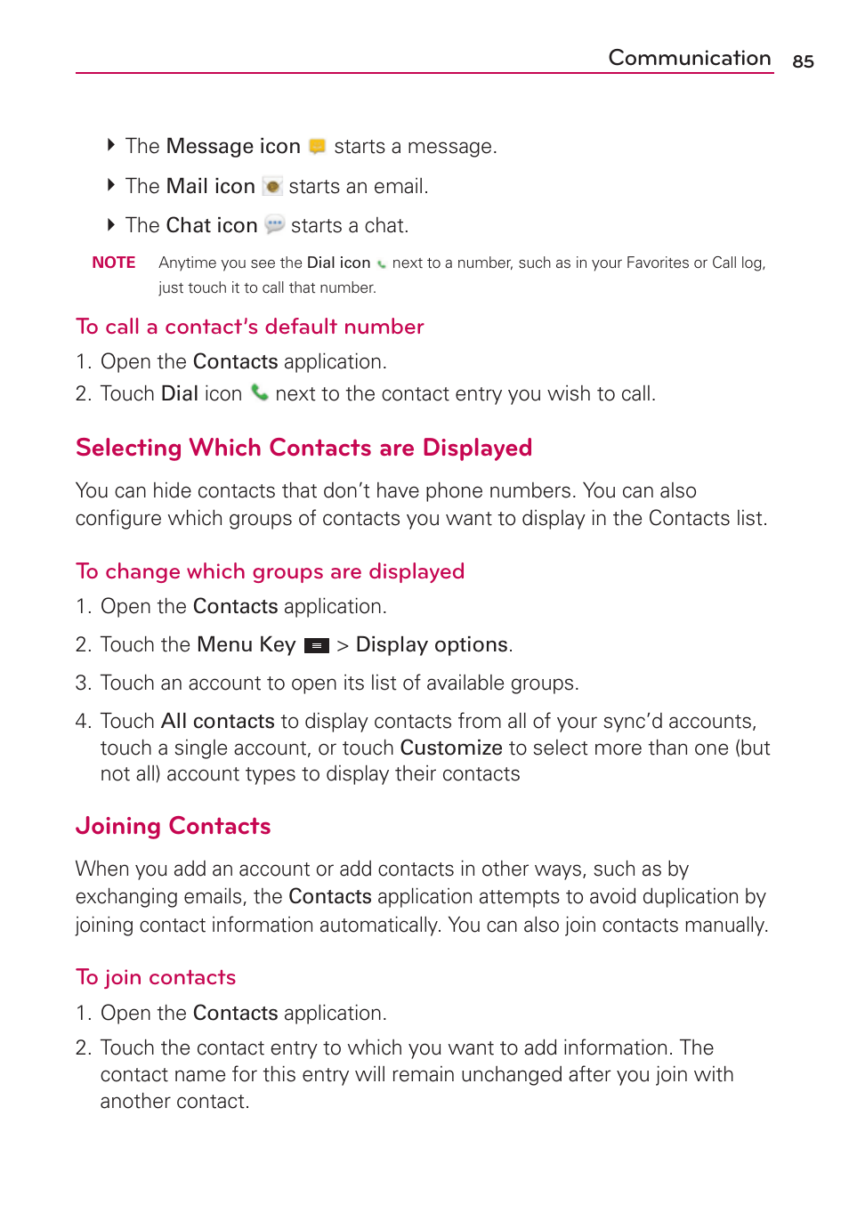 Selecting which contacts are displayed, Joining contacts | LG MS770 User Manual | Page 87 / 190