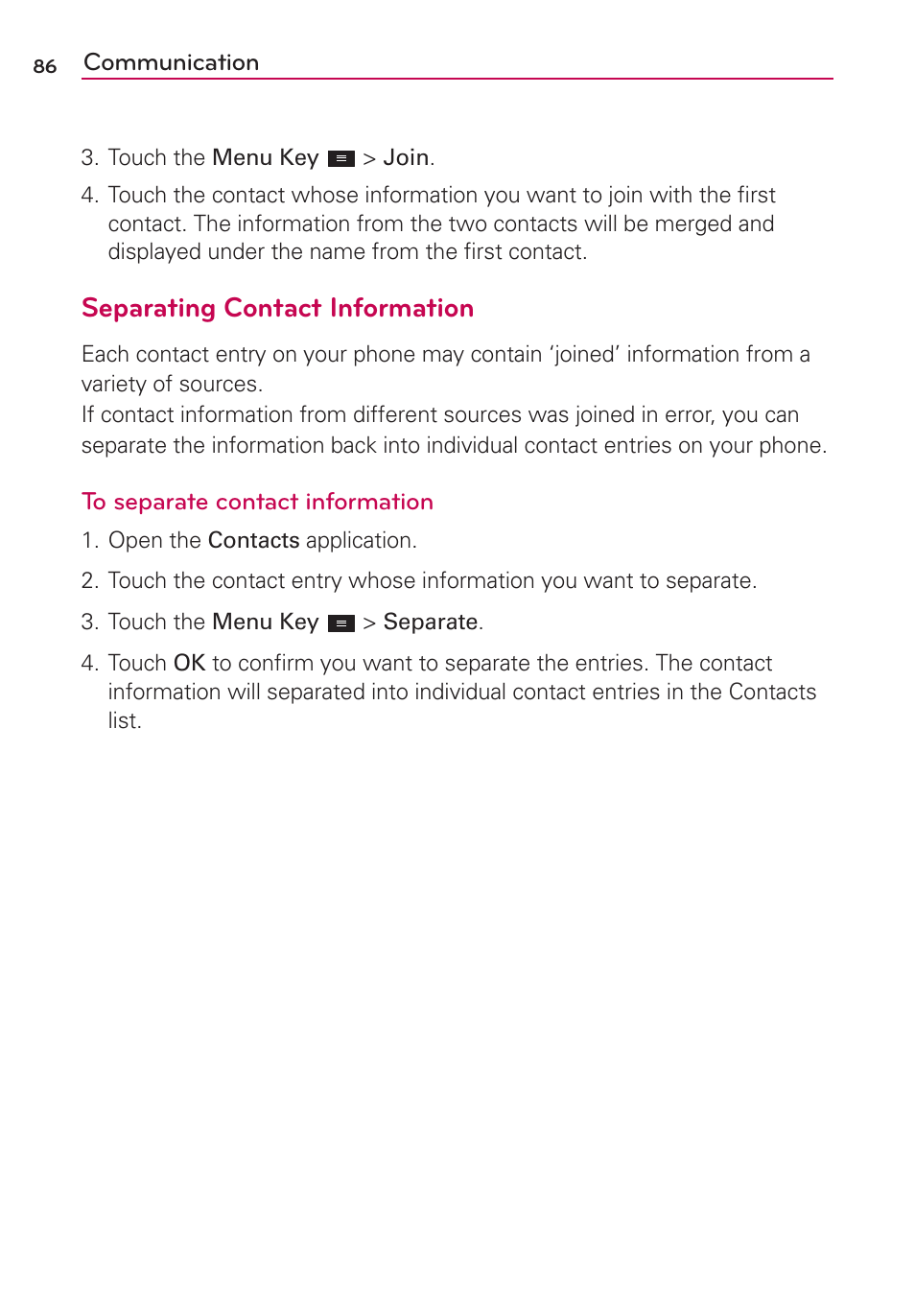 Separating contact information | LG MS770 User Manual | Page 88 / 190