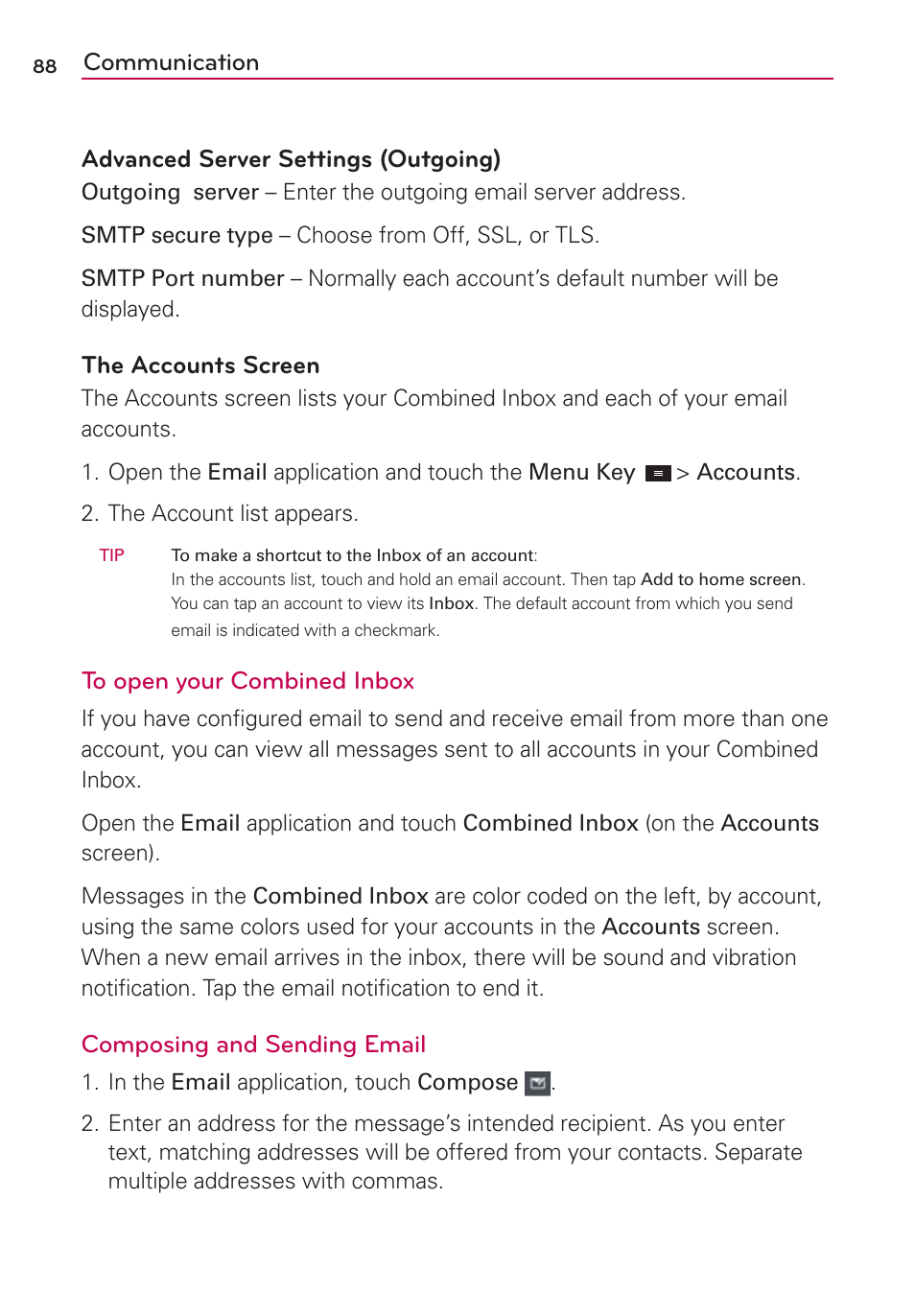 Communication advanced server settings (outgoing), The accounts screen, Composing and sending email | LG MS770 User Manual | Page 90 / 190