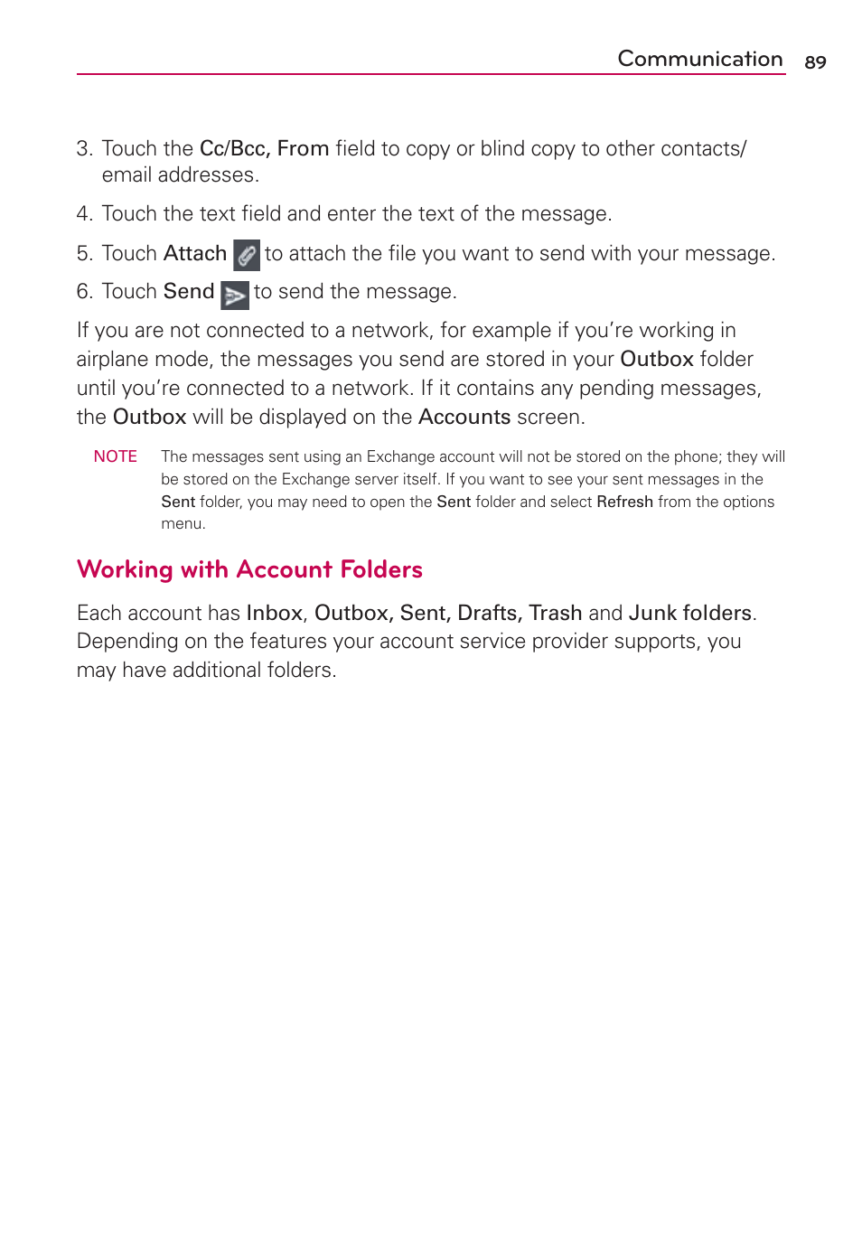 Working with account folders, Communication | LG MS770 User Manual | Page 91 / 190