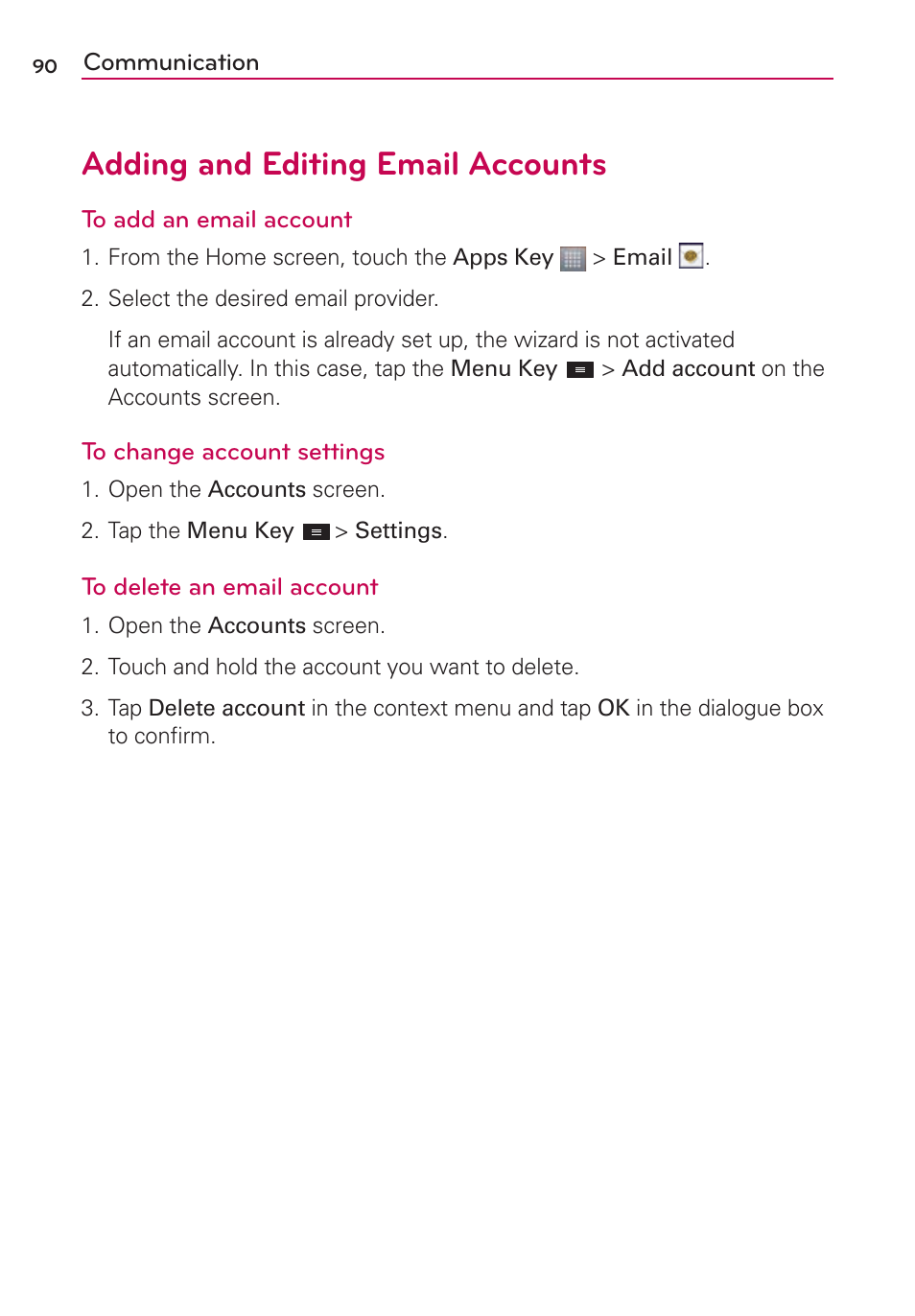 Adding and editing email accounts | LG MS770 User Manual | Page 92 / 190