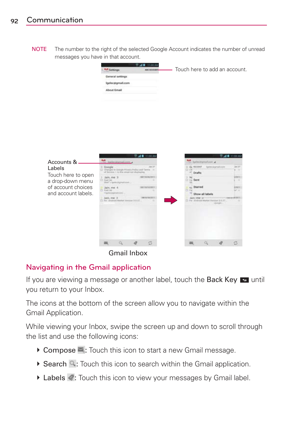Communication, Navigating in the gmail application | LG MS770 User Manual | Page 94 / 190