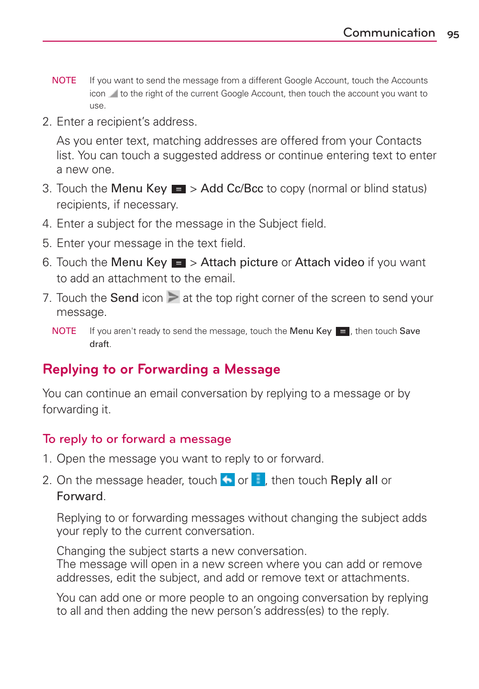 Replying to or forwarding a message, Communication | LG MS770 User Manual | Page 97 / 190