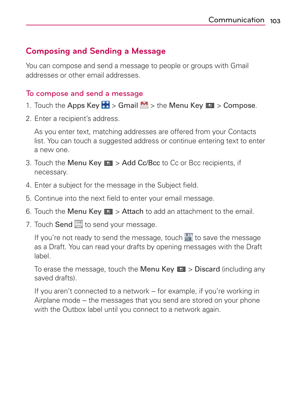 Composing and sending a message | LG VS910 User Manual | Page 105 / 239