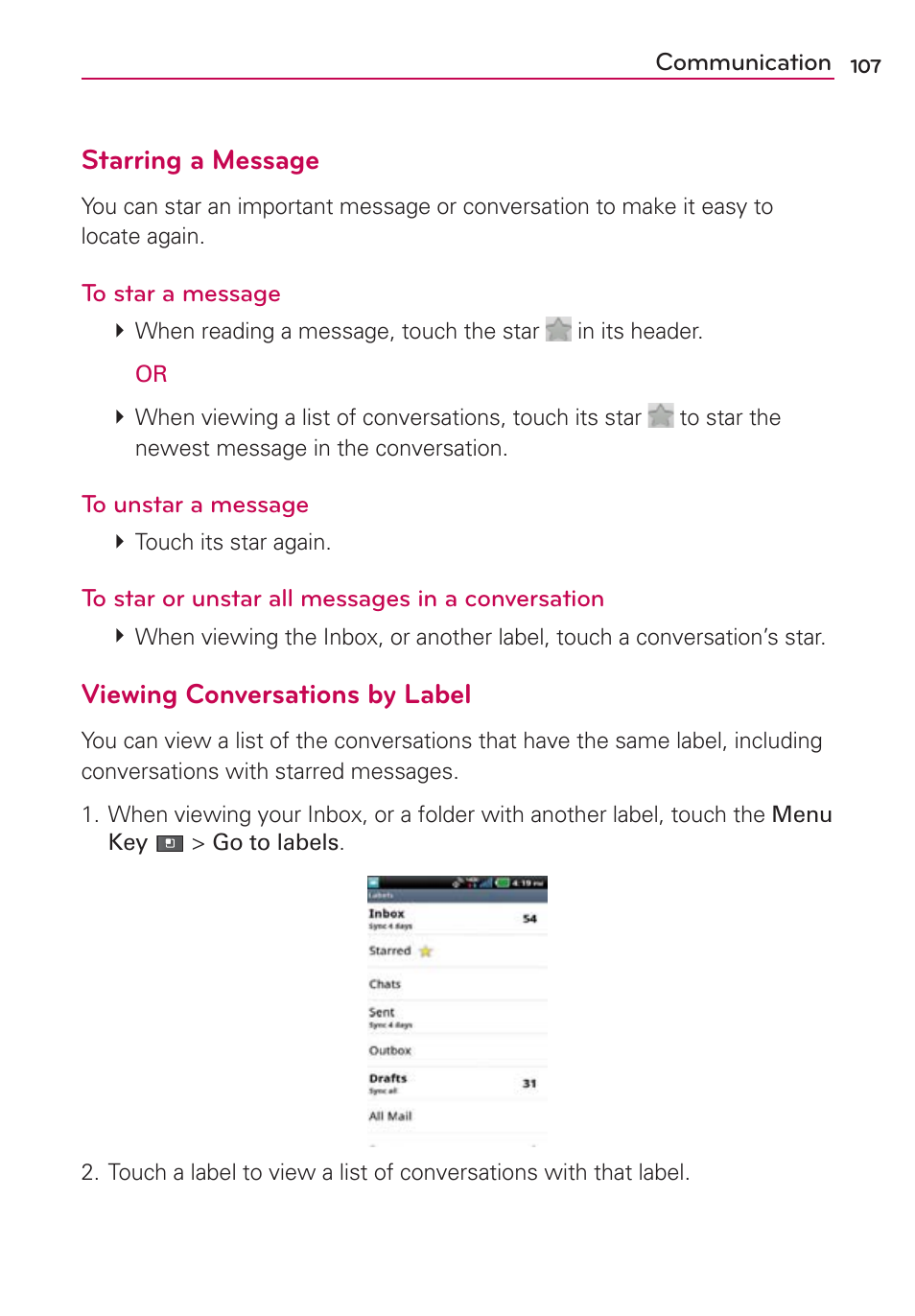 Starring a message, Viewing conversations by label | LG VS910 User Manual | Page 109 / 239