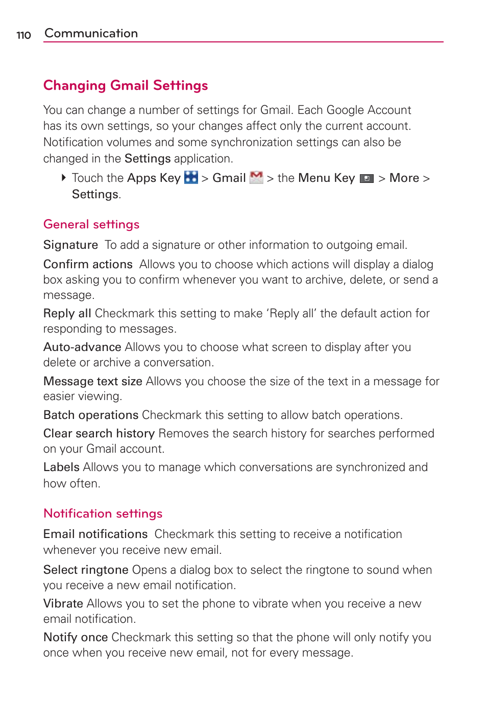 Changing gmail settings | LG VS910 User Manual | Page 112 / 239