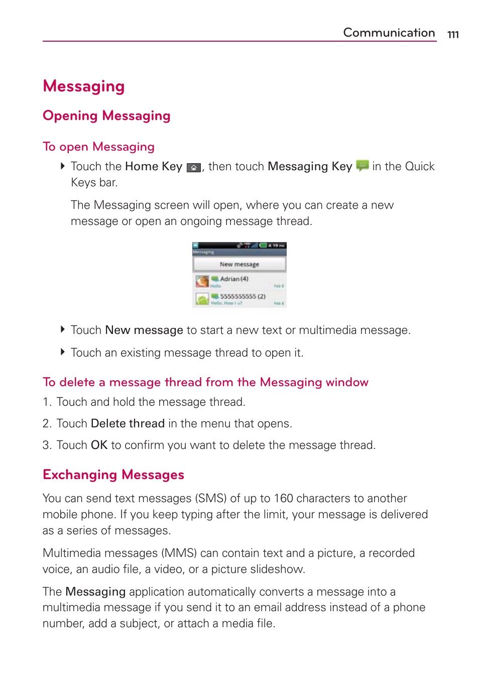 Messaging, Opening messaging, Exchanging messages | LG VS910 User Manual | Page 113 / 239