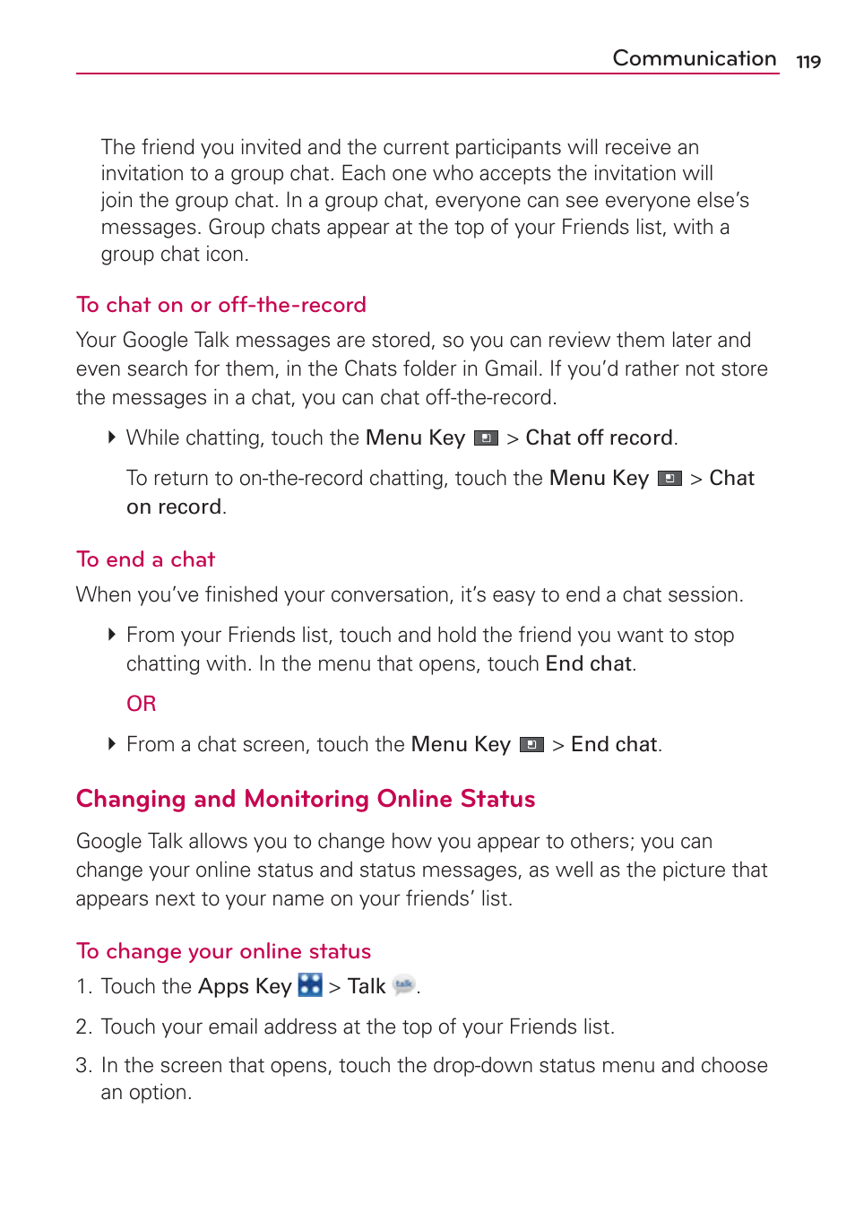 Changing and monitoring online status | LG VS910 User Manual | Page 121 / 239