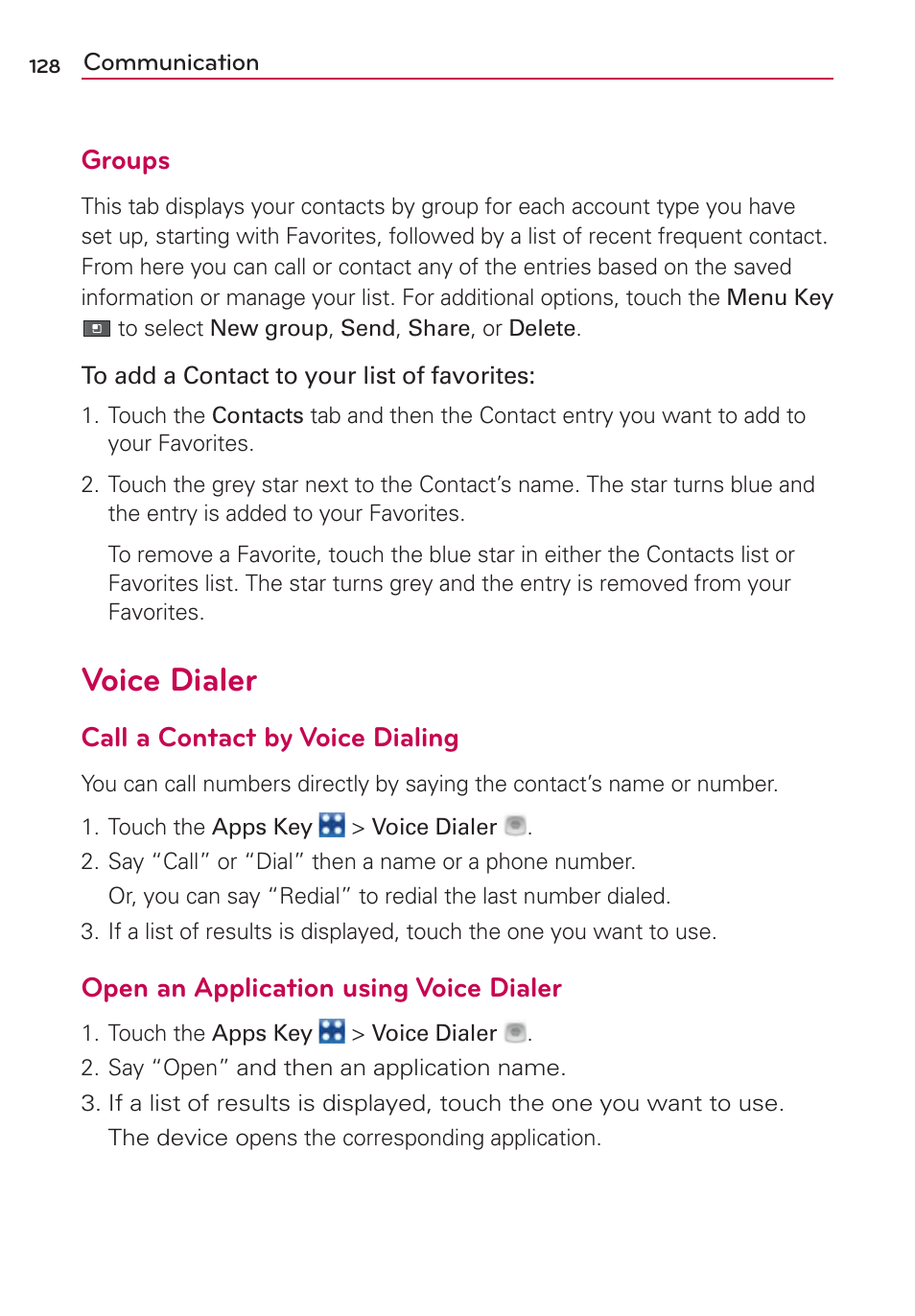 Voice dialer, Groups, Call a contact by voice dialing | Open an application using voice dialer | LG VS910 User Manual | Page 130 / 239