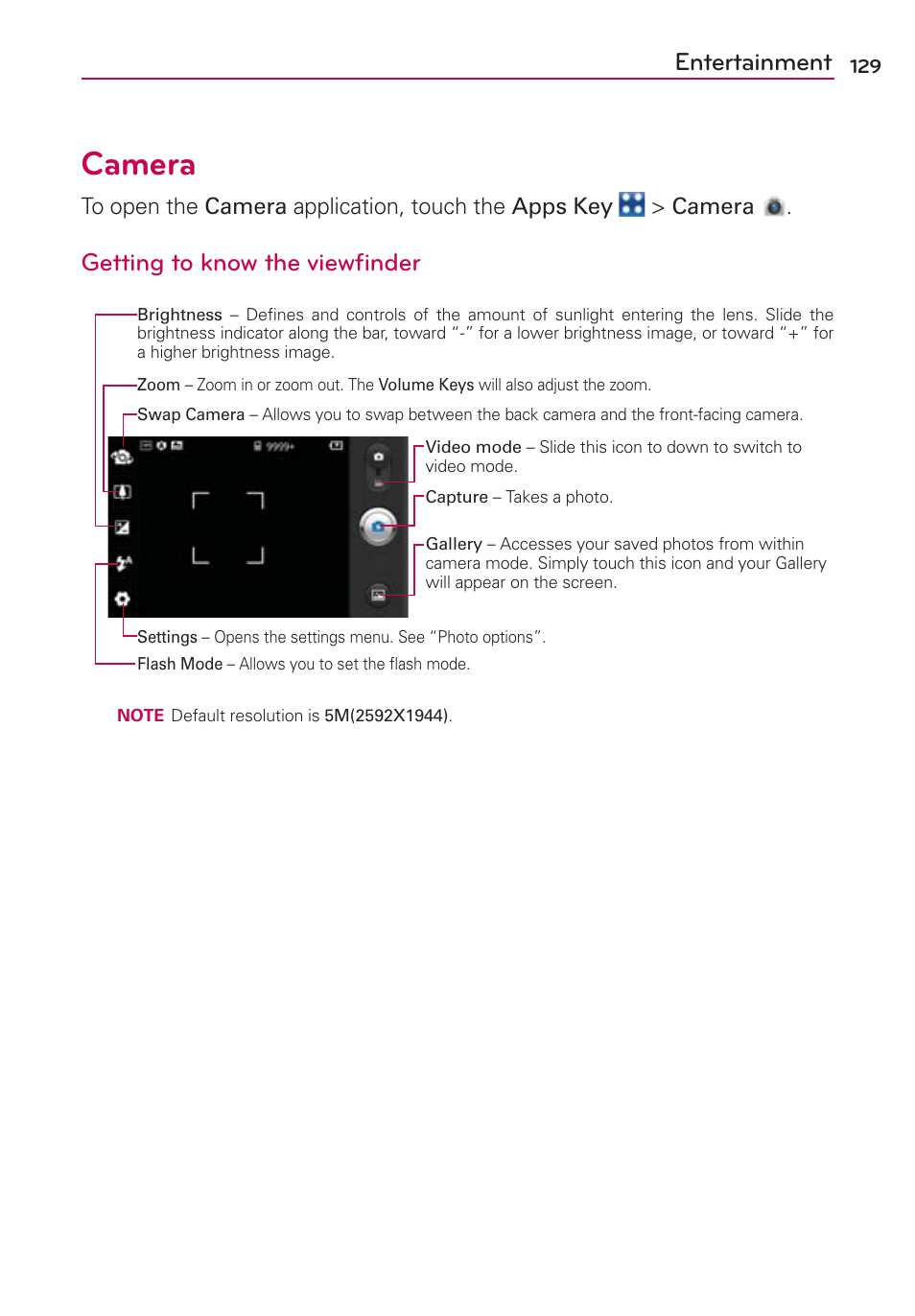 Camera, Entertainment, Getting to know the viewﬁnder | LG VS910 User Manual | Page 131 / 239