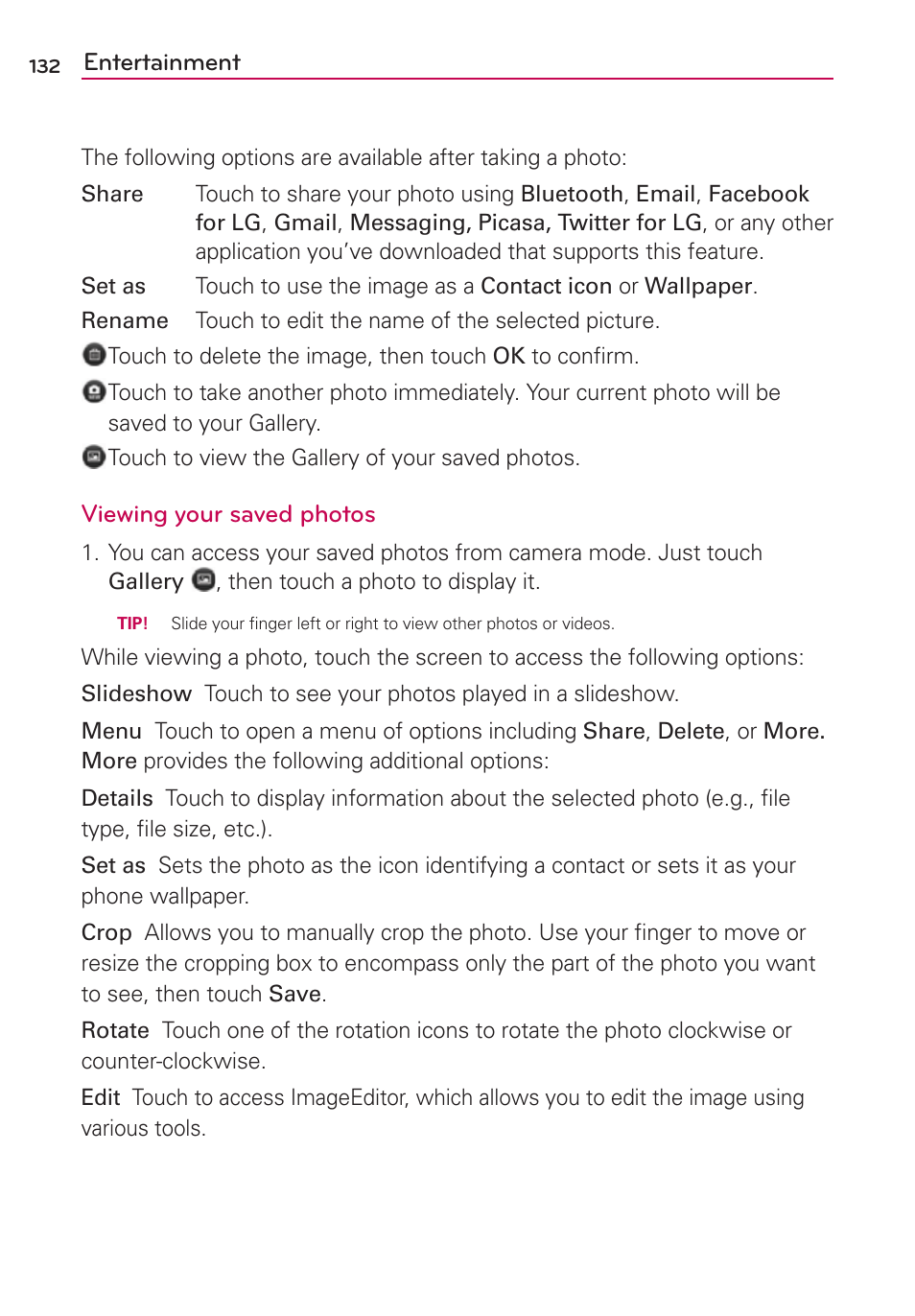 Entertainment, Viewing your saved photos | LG VS910 User Manual | Page 134 / 239