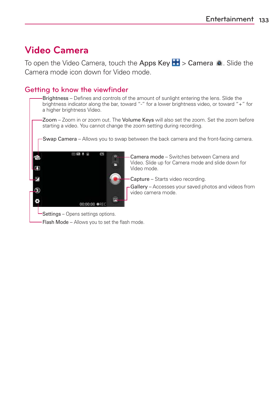 Video camera, Entertainment, Getting to know the viewﬁnder | LG VS910 User Manual | Page 135 / 239